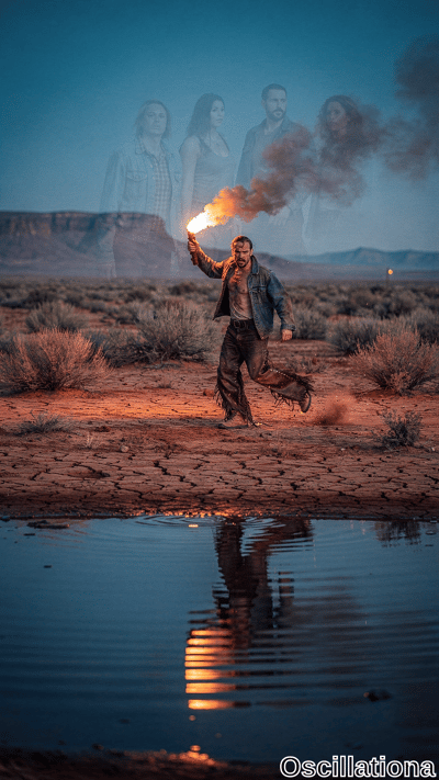 Dramatic twilight desert composite: rugged bearded man in faded denim jacket strides dyna…