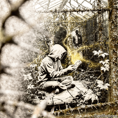 Through blurred chain-link fence topped with rusted barbed wire, Banksy-style stencil mur…