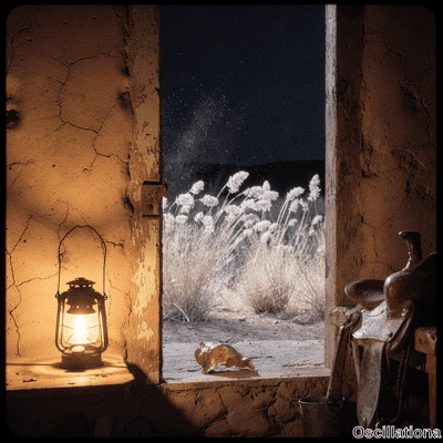 Warm oil lantern light illuminates rustic adobe walls and leather saddle inside while whi…