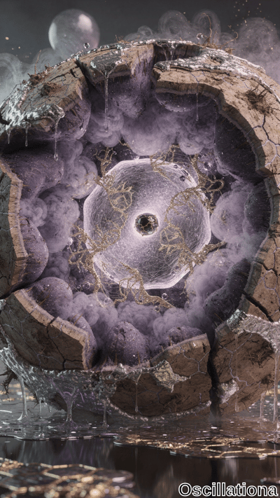 A surreal, abstract scene centers on a cracked, earthy sphere with a rough, textured surf…
