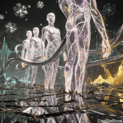 Four translucent, crystalline humanoid figures with cracks and glowing electric patterns …