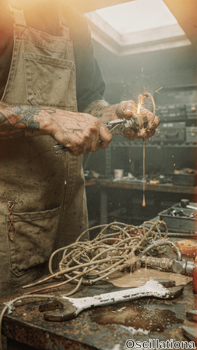 Close-up cinematic photo of tattooed man's dirty hands (vibrant red, blue, green ink on f…