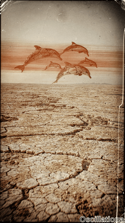Vintage sepia-toned photo with aged scratches and torn edges shows surreal dusk desert: c…