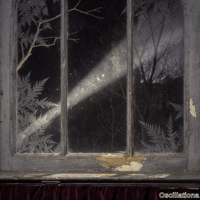 Moody view through antique window with peeling frame and frost patterns on glass lit by d…