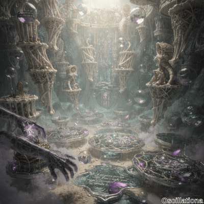A fantastical cavernous scene with organic coral-like structures and ancient ruins, fille…