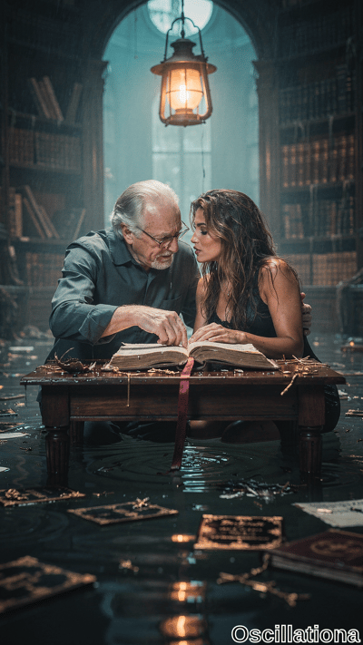 Dramatic flooded gothic library with dark teal walls, towering leather-bound bookshelves,…