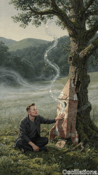 Painterly fantasy art of Elon Musk with short blond hair and goatee, kneeling cross-legge…