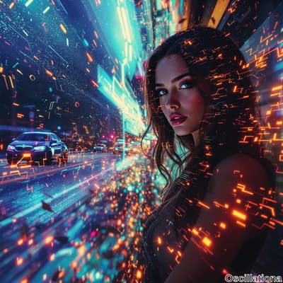 A cyberpunk scene with a woman on the right, her face partially lit by neon lights, looki…