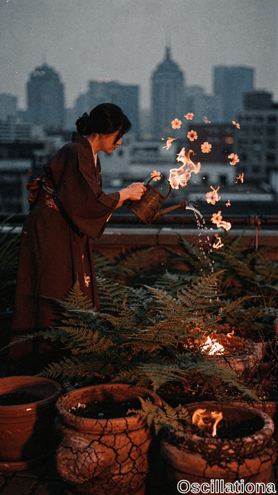 Surreal dusk rooftop garden in hazy urban skyline: profiled woman with dark bun in flowin…