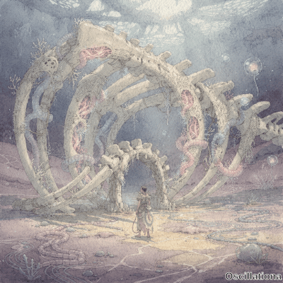 Lone explorer in tribal attire stands on sandy seabed before massive bone-like arches of …