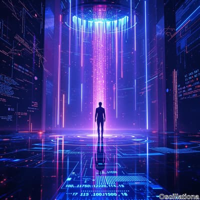 A silhouette of a person faces a glowing UFO-like structure emitting blue, purple, and pi…