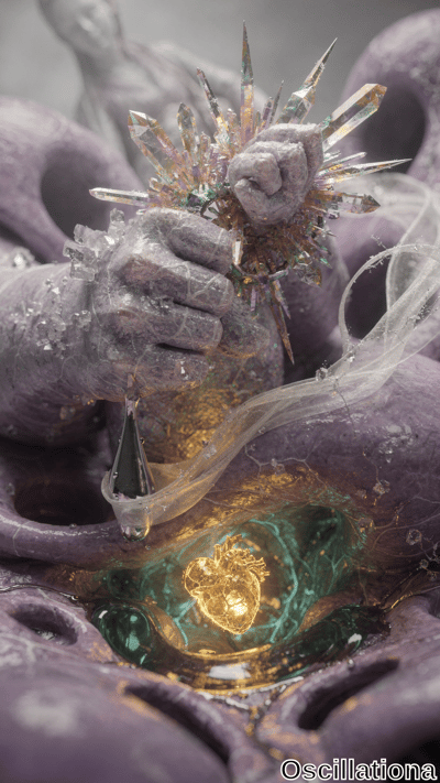 Large, crystalline hands with a frosty texture hold iridescent crystals emitting a soft, …