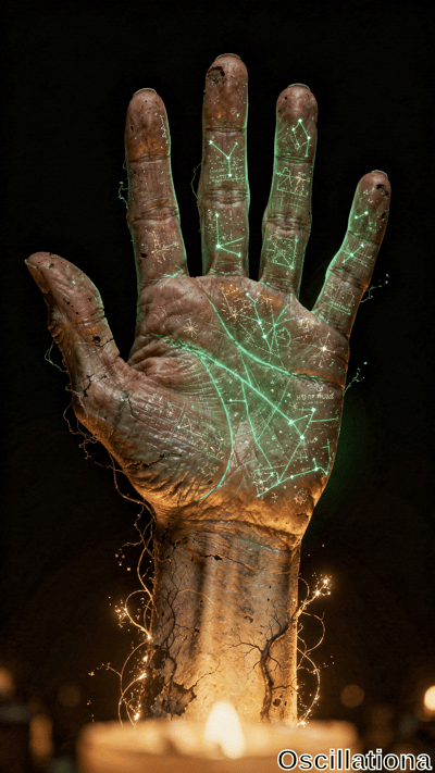 An aged human hand with visible cracks and creases is set against a dark background, illu…