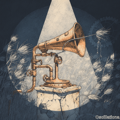 Steampunk brass gramophone on stone pedestal under spotlight disperses dandelion seeds fr…