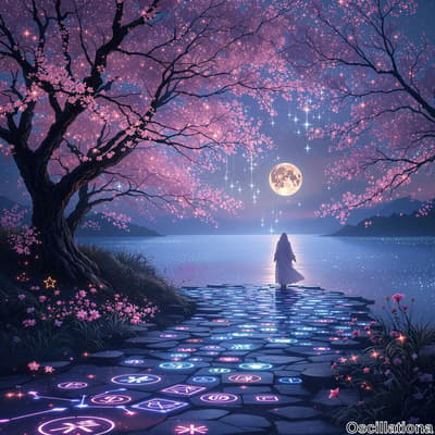 A serene nighttime scene with a full moon illuminating a figure in a flowing white robe s…