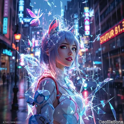 A young woman with light blue bob and cat ears in a cyberpunk city at night, wearing a hi…