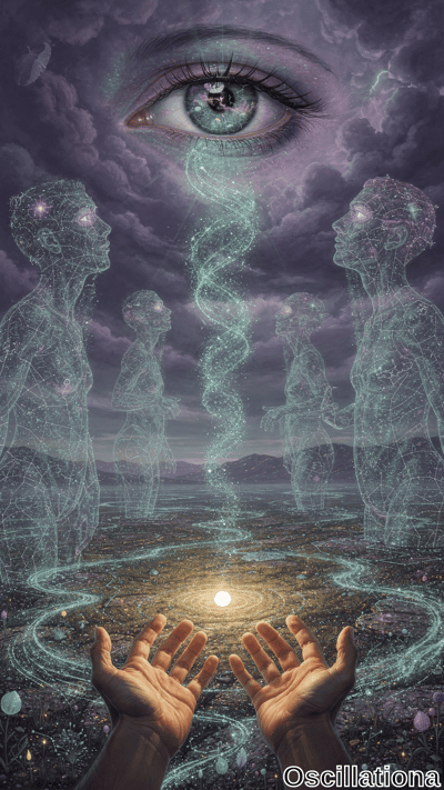 A surreal cosmic scene with a large, realistic human eye against a stormy purple sky with…