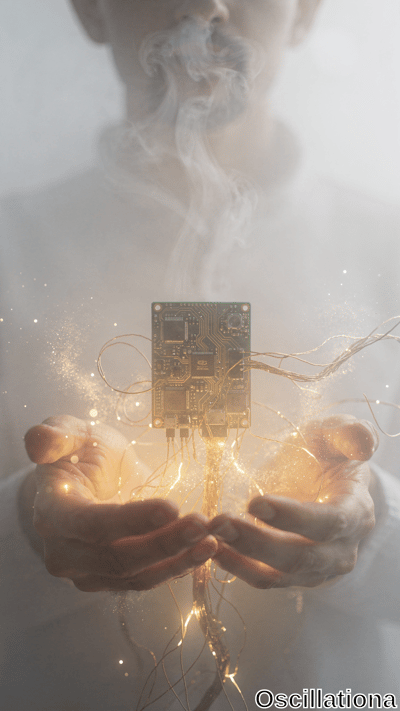 A person holds a green circuit board with electronic components like chips and connectors…