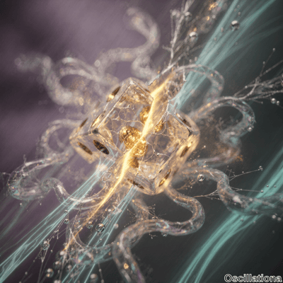 A surreal abstract scene centers on a glowing golden cube or complex geometric shape, rad…