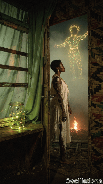 Mystical rainy night in rustic hut: tattooed Black woman with short curly hair, gold jewe…