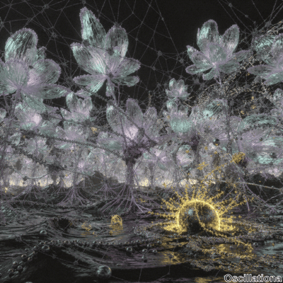 A surreal landscape with large, translucent flowers in light purple and blue, resembling …