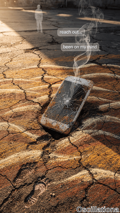 Cracked silver iPhone 6/7 with gold accents, spiderweb-shattered screen, rust, and dirt a…