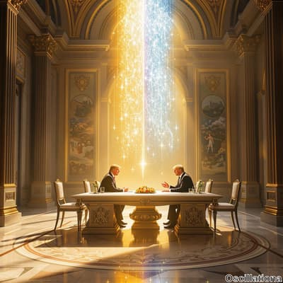 Alt: "Grand room with ornate columns and detailed murals, two people at a large table in …