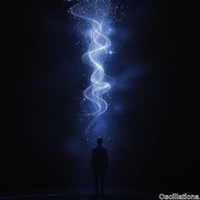 Silhouette of a person at the bottom center, facing upwards towards swirling blue light t…
