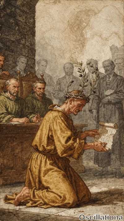Sepia-toned gouache on aged paper depicts St. Francis, elderly in saffron hooded robe and…