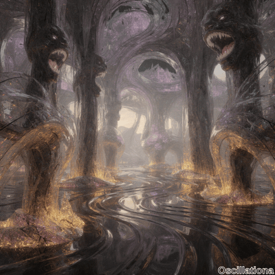 A surreal, otherworldly landscape with towering, organic pillars resembling twisted trees…