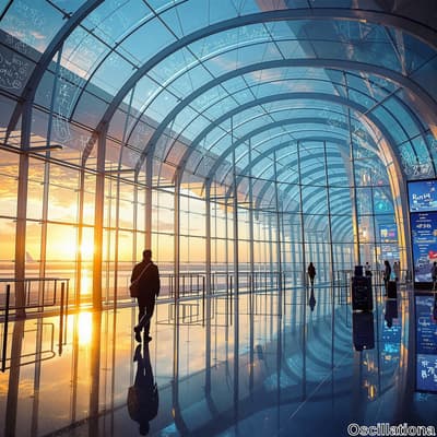 "A modern airport terminal with large glass arches, bathed in warm orange and yellow hues…