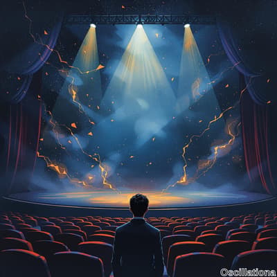 A lone figure stands on a circular, warmly lit stage under three powerful spotlights, aga…