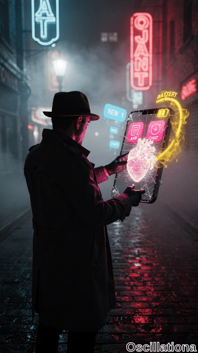 Cyberpunk noir alley at night: rain-slicked cobblestones reflect red-blue neon amid fog. …