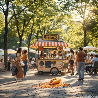 A bustling park scene with Appenzeller's Hotdogs stand at the center, featuring an orange…