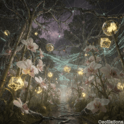 A surreal forest scene with large white and pink orchids on tall bamboo-like stems, surro…