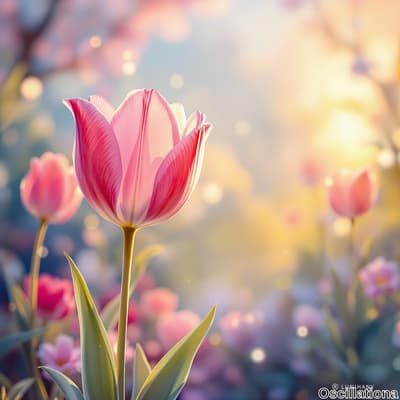 A vibrant pink tulip with soft petals and white veining stands tall in a lush garden, sur…