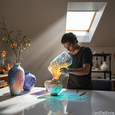 A person in a well-lit studio works on a colorful ceramic vessel with intricate tree bran…