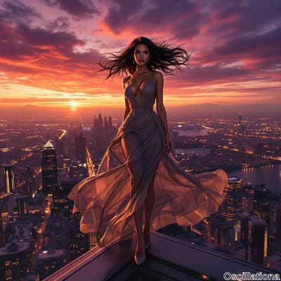 A woman in a flowing sheer gray gown with a high slit stands confidently on a skyscraper'…