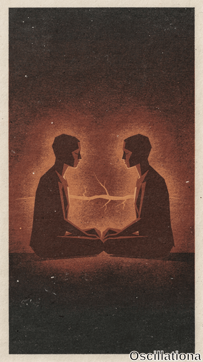 Linocut-style Tarot silhouette of two symmetric androgynous men in profile lotus pose wea…