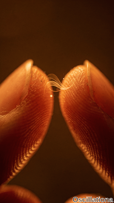A close-up macro shot of two fingertips touching, illuminated by warm golden light that h…