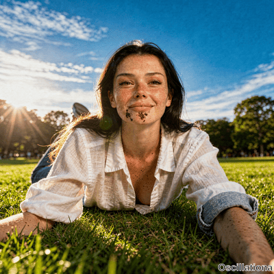 A young woman with freckles & long dark hair lies on stomach in green park during golden …