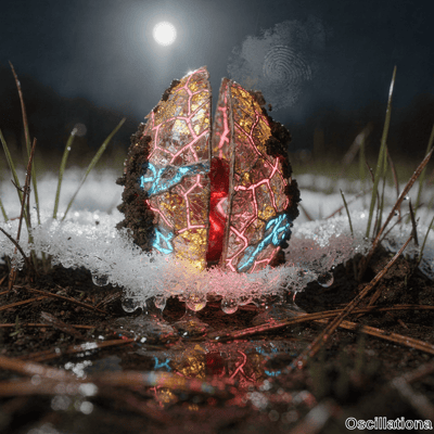 Split egg-shaped crystal in snowy night with dark glowing neon pink mosaic inside with go…