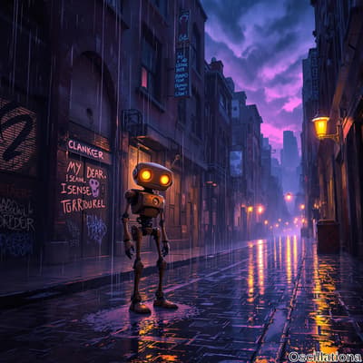 A rainy city alleyway at twilight, bathed in purple and blue hues, features a whimsical r…