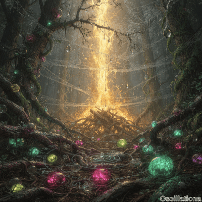 A mystical forest scene with a central fiery column of light emanating from roots and bra…
