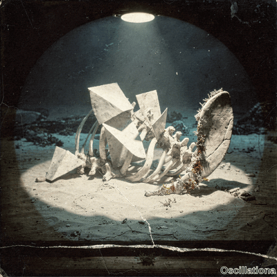Surreal vintage photo of underwater cave with spotlight on hybrid whale skeleton sculptur…