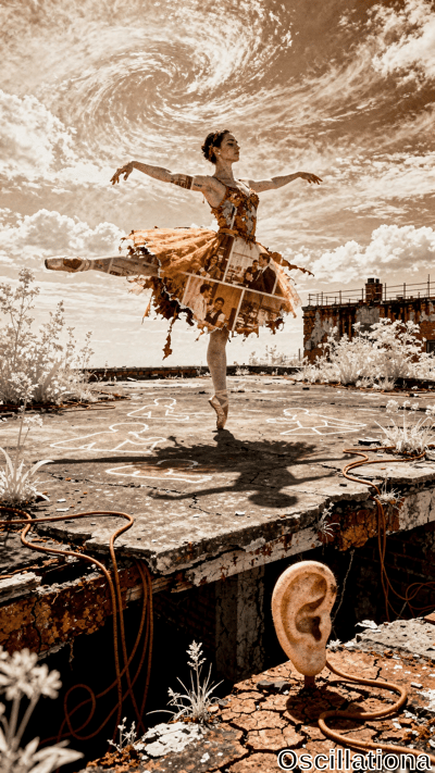 Surreal sepia-toned photo of tattooed ballerina in arabesque on pointe atop cracked rooft…