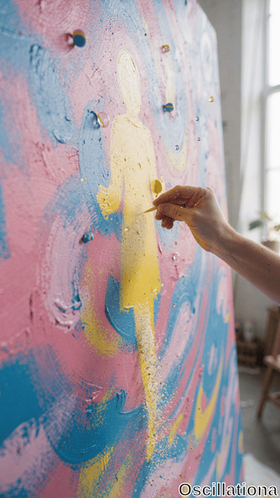 Vibrant close-up multi-exposure photo of pale artist's hand with yellow brush adding pain…