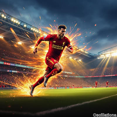 A Liverpool FC player in a vibrant red kit sprints intensely across a lush green pitch, s…