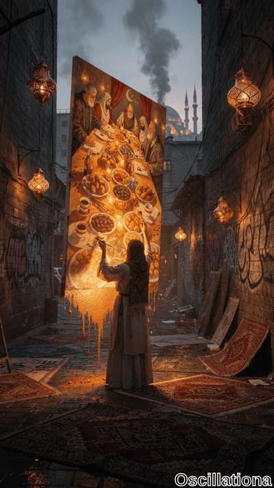 Surreal twilight alley in gritty Istanbul style: veiled woman in hijab paints golden stro…