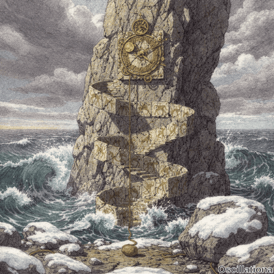 Surreal illustration of towering jagged gray rock pillar rising from snowy pebbled beach …